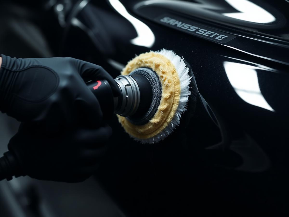Polissage d'une carrosserie noire lors d'une prestation de detailing